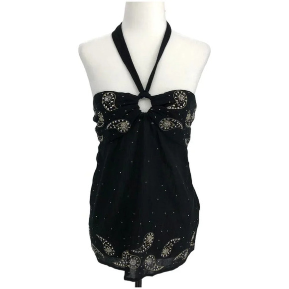 NWT Marciano Black Cotton Halter Top  w Gold Studded Paisley Embroidery size L - Picture 1 of 15